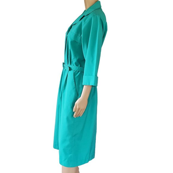 Vintage 80s Shirt Dress Women's Medium Green Career Secretary Pockets Belt Midi - Picture 8 of 14